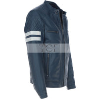 Men's Leather Motorcycle Jacket with Quilted Shoulder & White Stripes | Blue & Black