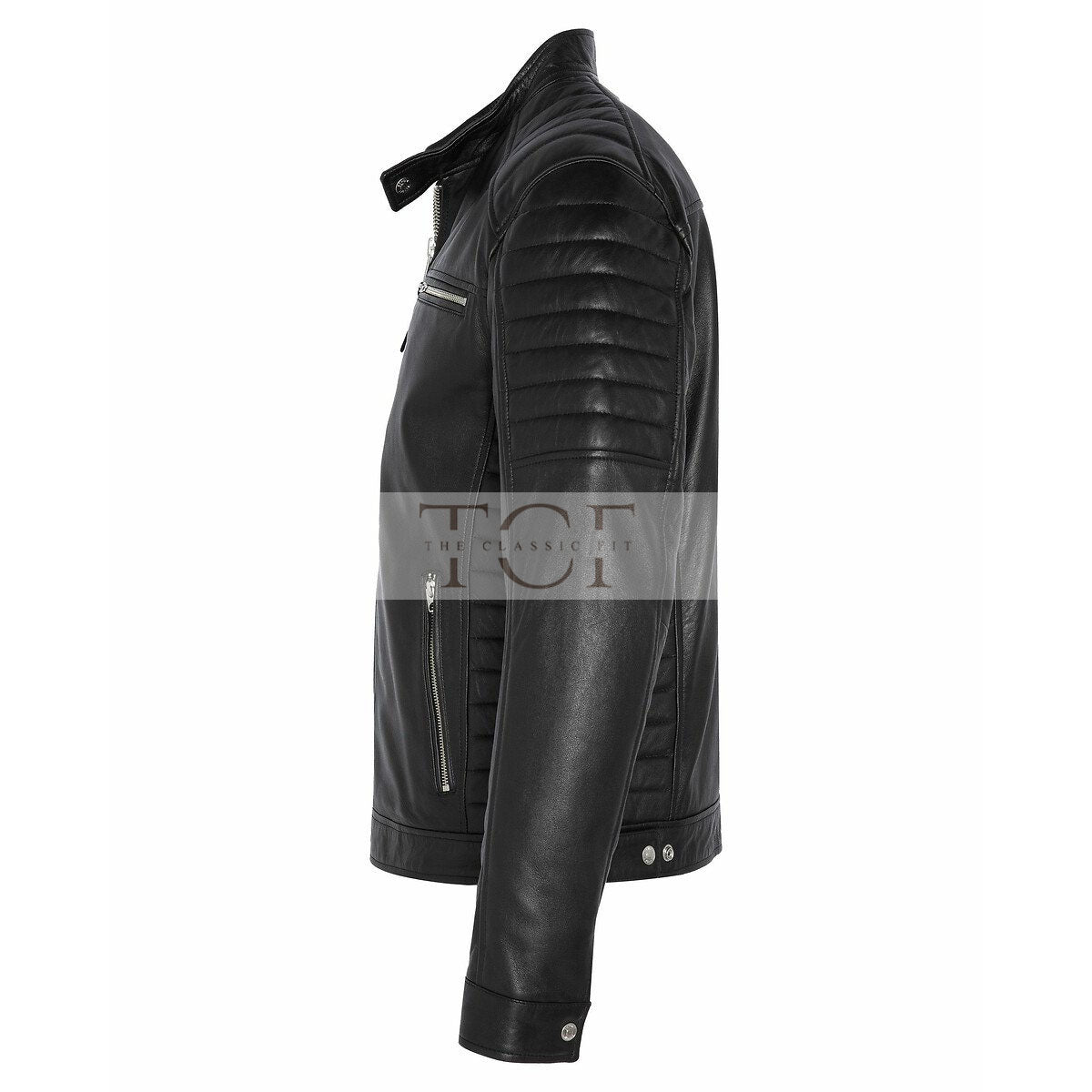 Men's  Leather Jacket with Zippers and Quilted Shoulder | Black