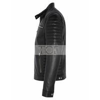 Men's  Leather Jacket with Zippers and Quilted Shoulder | Black