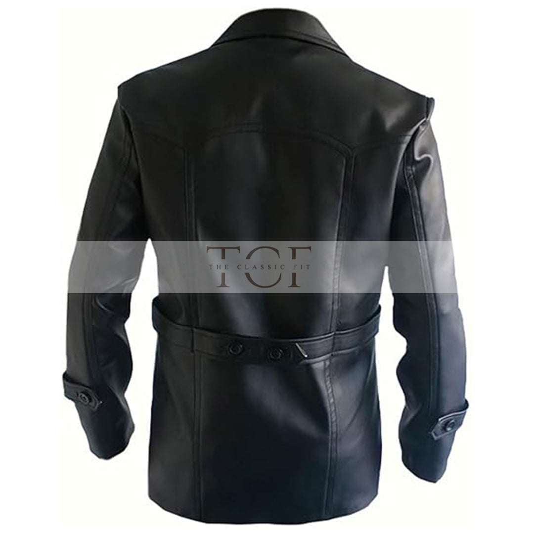 Men's Dr Who Christopher 9th Dr Cosplay Coat, Double Breasted, German Naval, Leather Jacket | Black