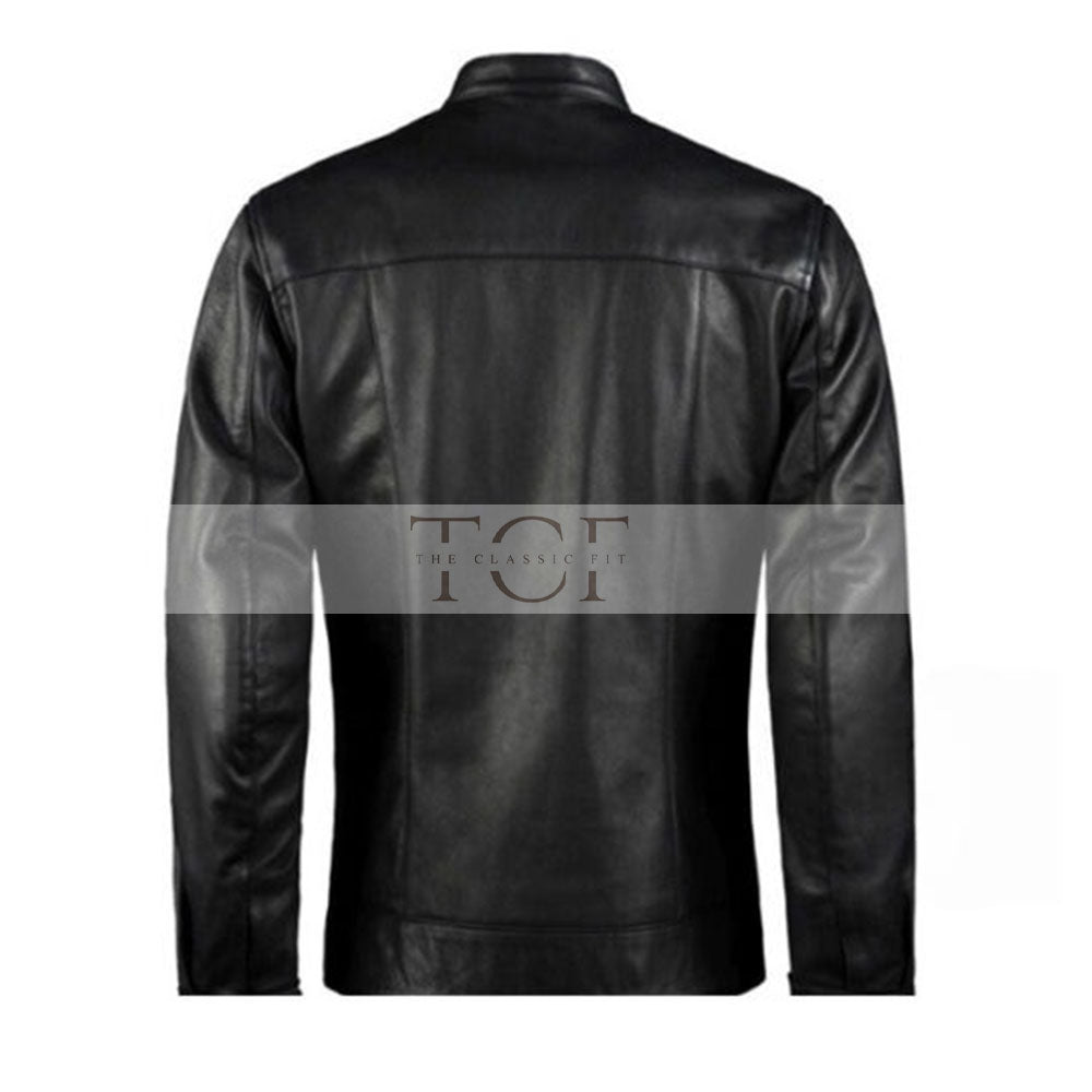 Men's Leather Biker Jacket with Red Stripes, Zip Front | Black
