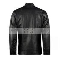Men's Leather Biker Jacket with Red Stripes, Zip Front | Black