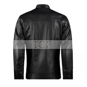 Men's Leather Biker Jacket with Red Stripes, Zip Front | Black