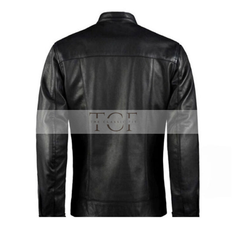 Men's Leather Biker Jacket with Red Stripes, Zip Front | Black
