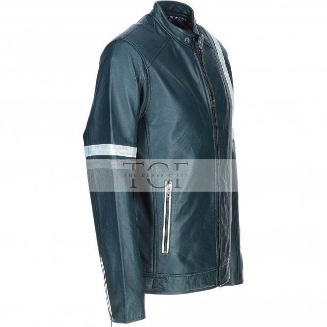 Men's Motorcycle Leather Jacket Gray & White Stripes | Blue & Black