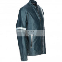 Men's Motorcycle Leather Jacket Gray & White Stripes | Blue & Black