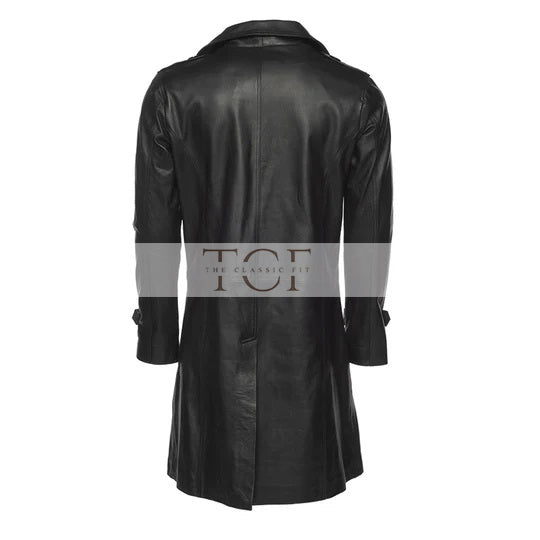 Mens Double Breasted Leather Trench Coat | Black