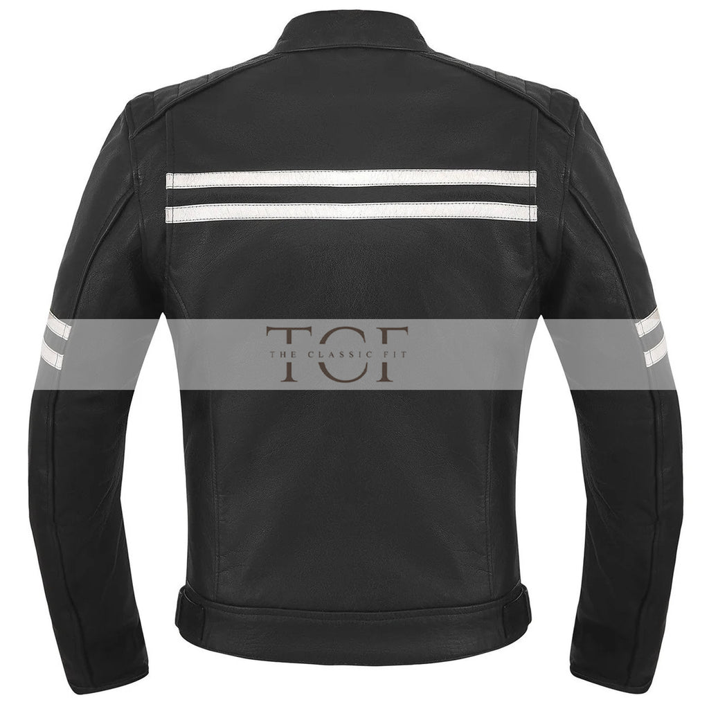 Men's Motor Cycle Leather Jacket with white Stripes Black Shoulders | Black