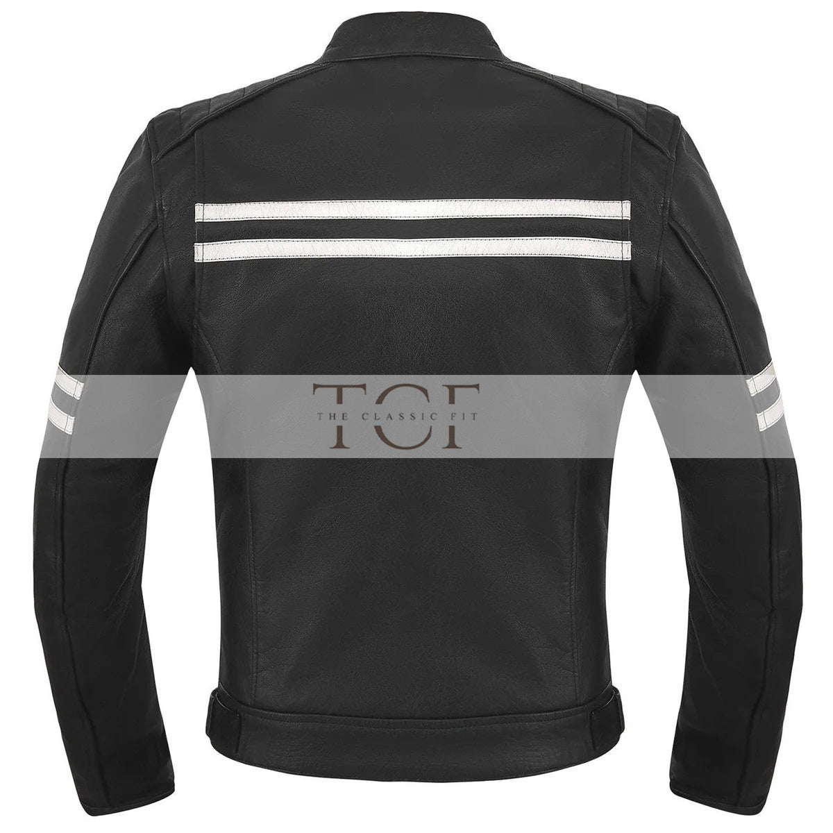 Men's Motor Cycle Leather Jacket with white Stripes Black Shoulders | Black