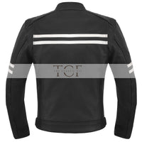 Men's Motor Cycle Leather Jacket with white Stripes Black Shoulders | Black