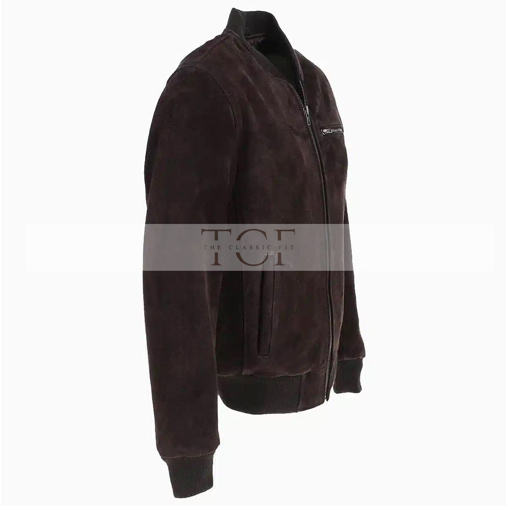 Men's Suede Bomber Jacket  Leather, Full Zip Front with Chest Pocket | Brown