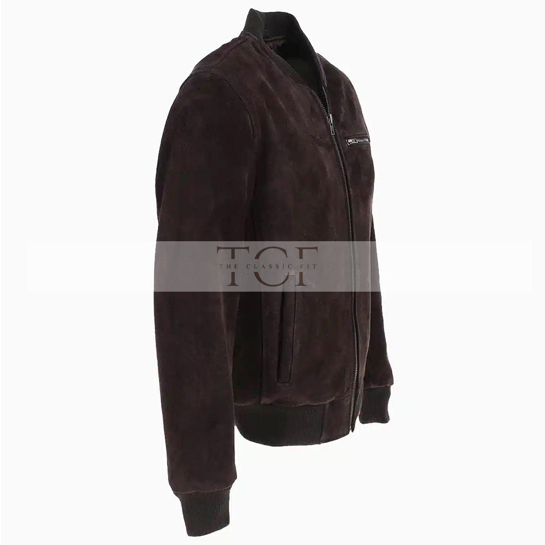 Men's Suede Bomber Jacket  Leather, Full Zip Front with Chest Pocket | Brown
