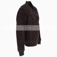 Men's Suede Bomber Jacket  Leather, Full Zip Front with Chest Pocket | Brown