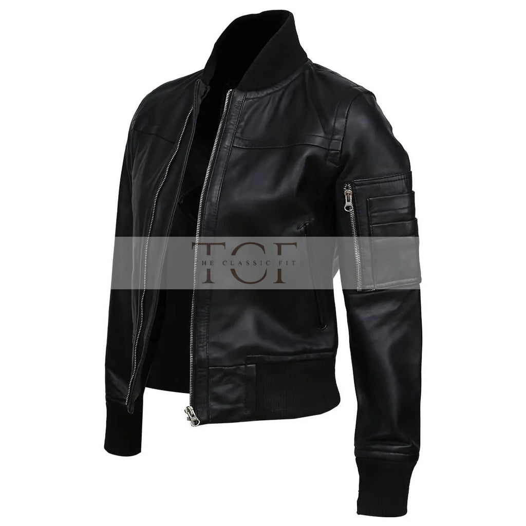 Women's Real Sheep Leather Motorcycle Bomber Jacket | Black