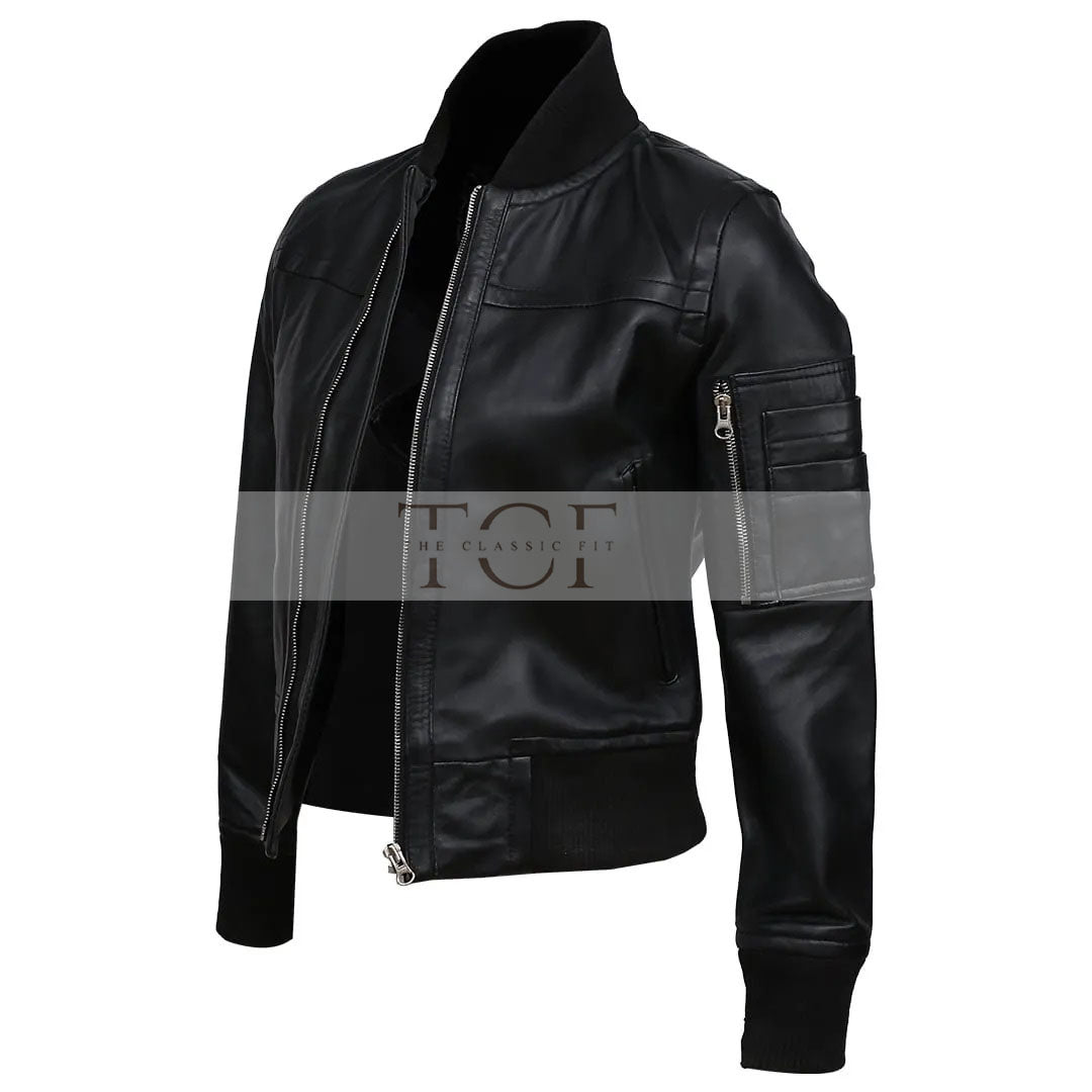 Women's Real Sheep Leather Motorcycle Bomber Jacket | Black