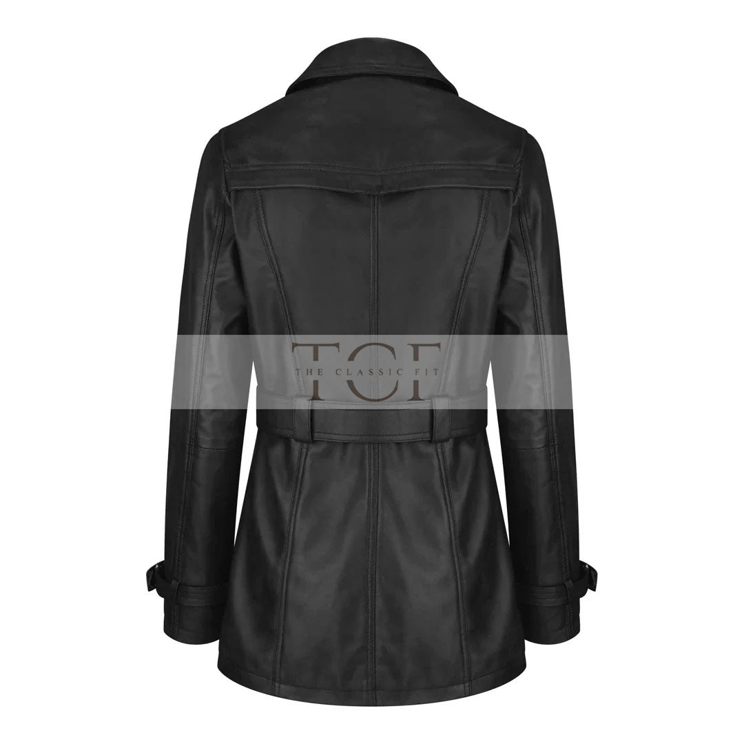 Women's Leather Belted Trench Car Coat | Black
