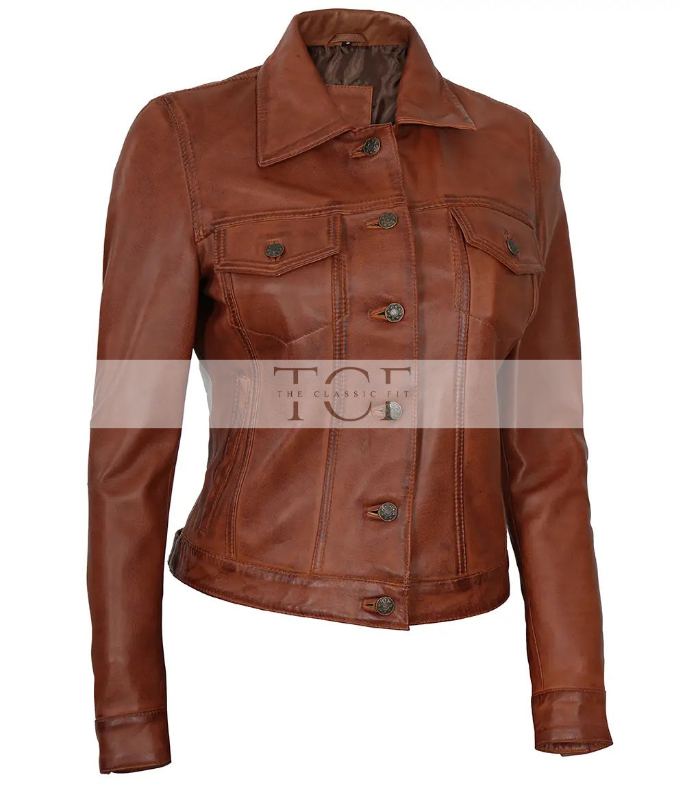 Women's Leather Harrington Moto Trucker Jacket | Brown