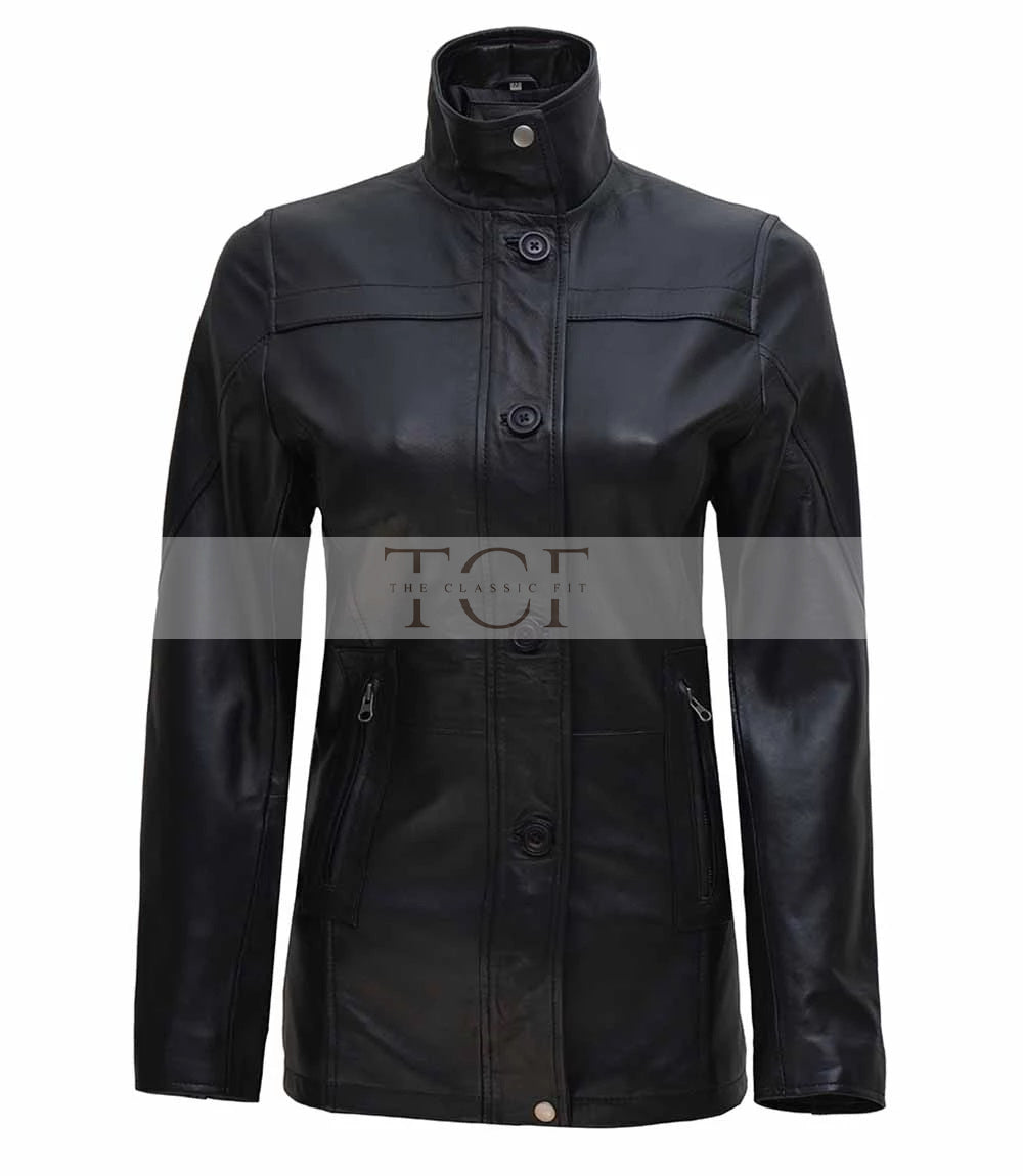 Women's 3/4 Length Button + Zipper Closure Leather Coat | Black