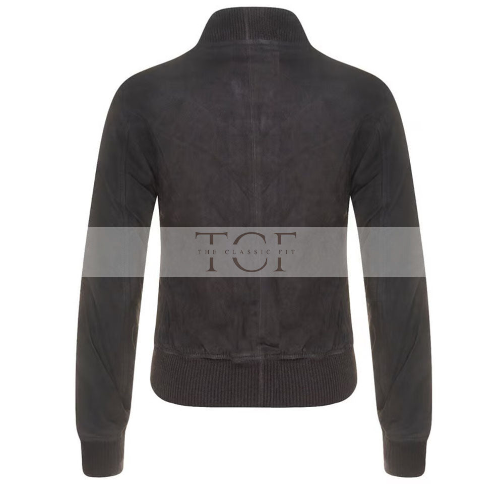 Women's Suede Bomber Leather Jacket, Zip Front, Ribbed Cuffs and Hem | Black