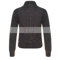 Women's Suede Bomber Leather Jacket, Zip Front, Ribbed Cuffs and Hem | Black