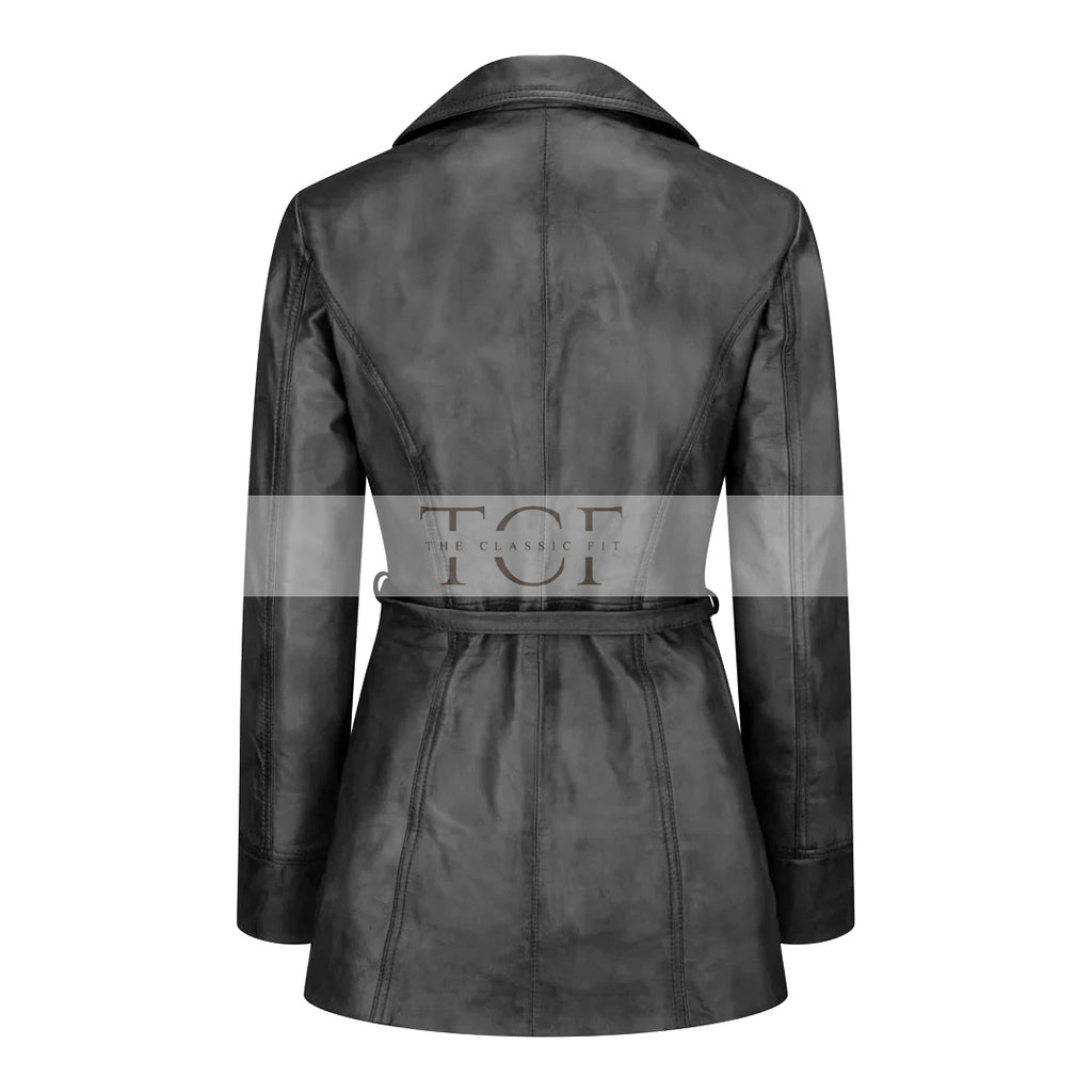 Women's Belted Leather Jacket, Long Sleeve, Zip Front | Black