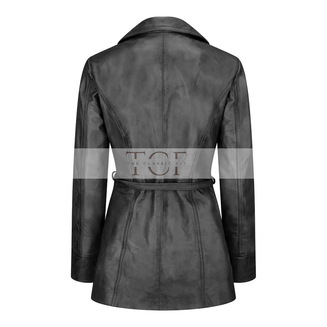 Women's Belted Leather Jacket, Long Sleeve, Zip Front | Black