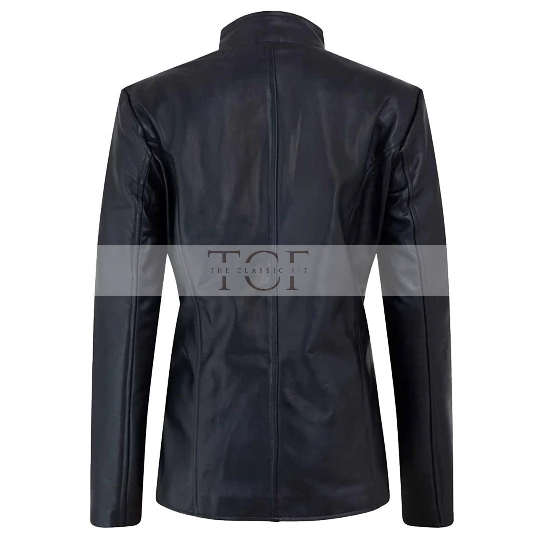 Women's Genuine Café Racer Sheepskin Motorcycle Leather Jacket, YKK Zipper | Black