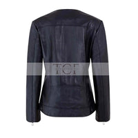 Women's Café Racer Zip-Front Leather Jacket, Collarless Design | Black