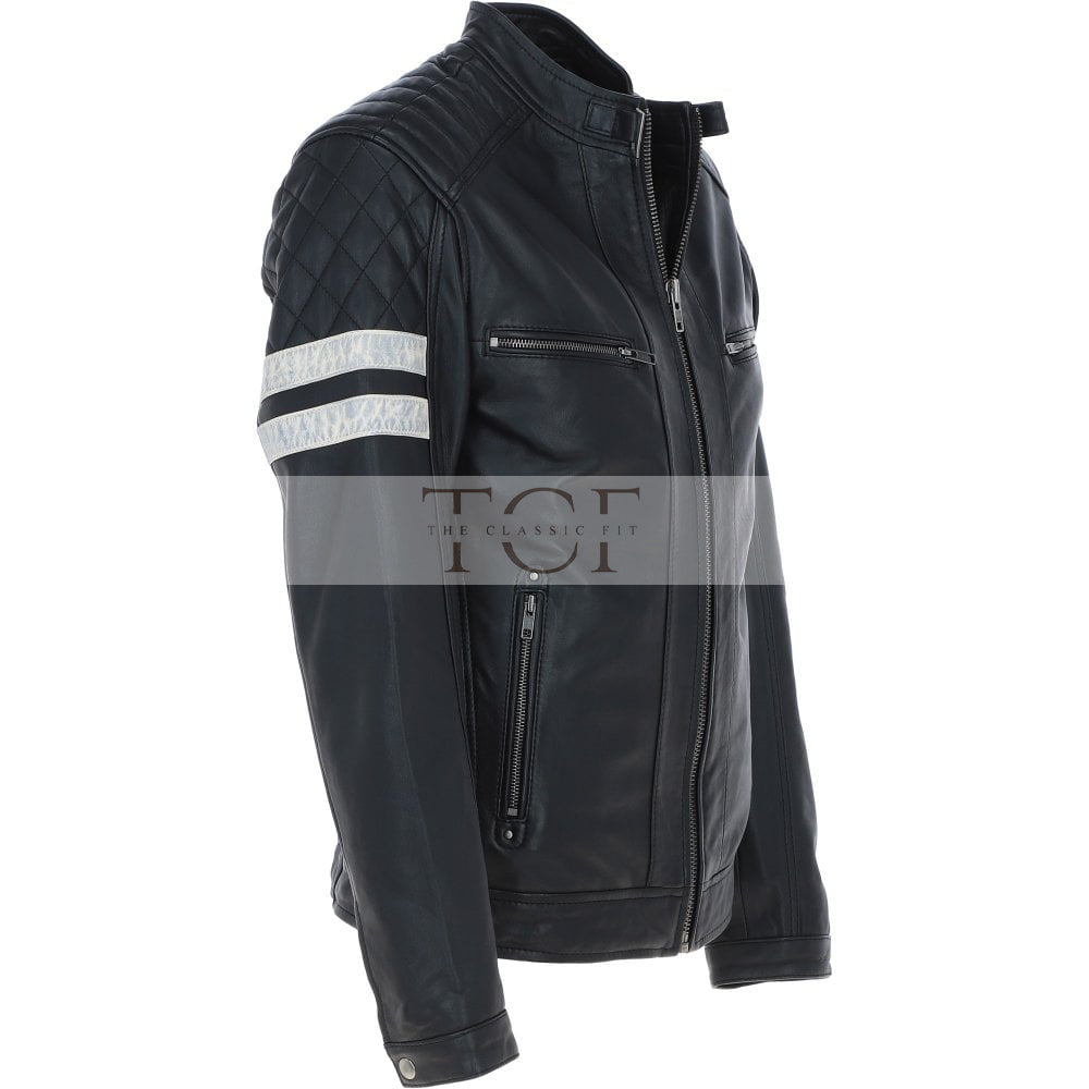 Men's Leather Motorcycle Jacket with Quilted Shoulder & White Stripes | Blue & Black