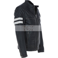 Men's Leather Motorcycle Jacket with Quilted Shoulder & White Stripes | Blue & Black