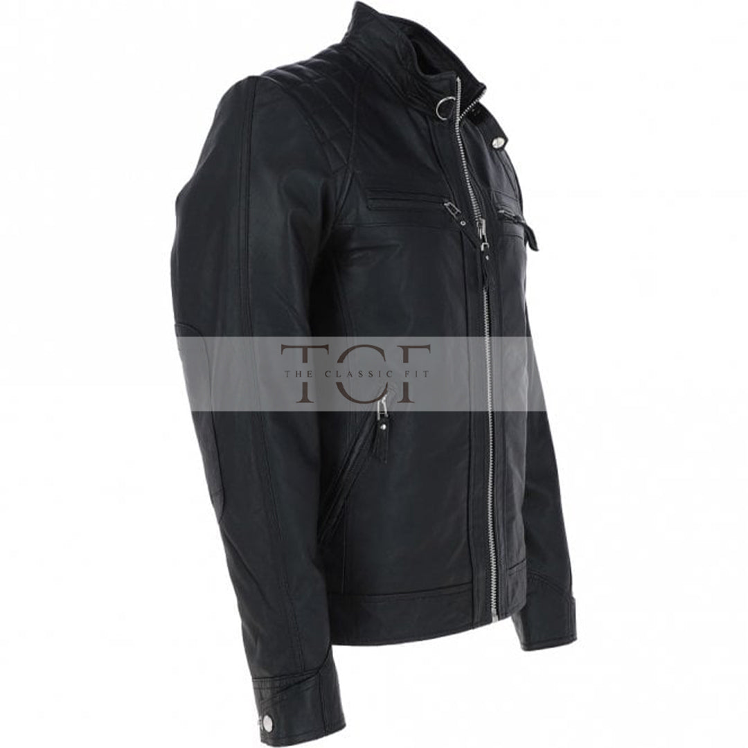 Men's Motorcycle Leather Jacket, Multiple Zippered Pockets | Black