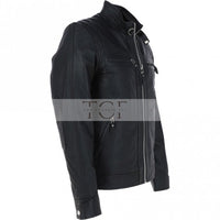 Men's Motorcycle Leather Jacket, Multiple Zippered Pockets | Black