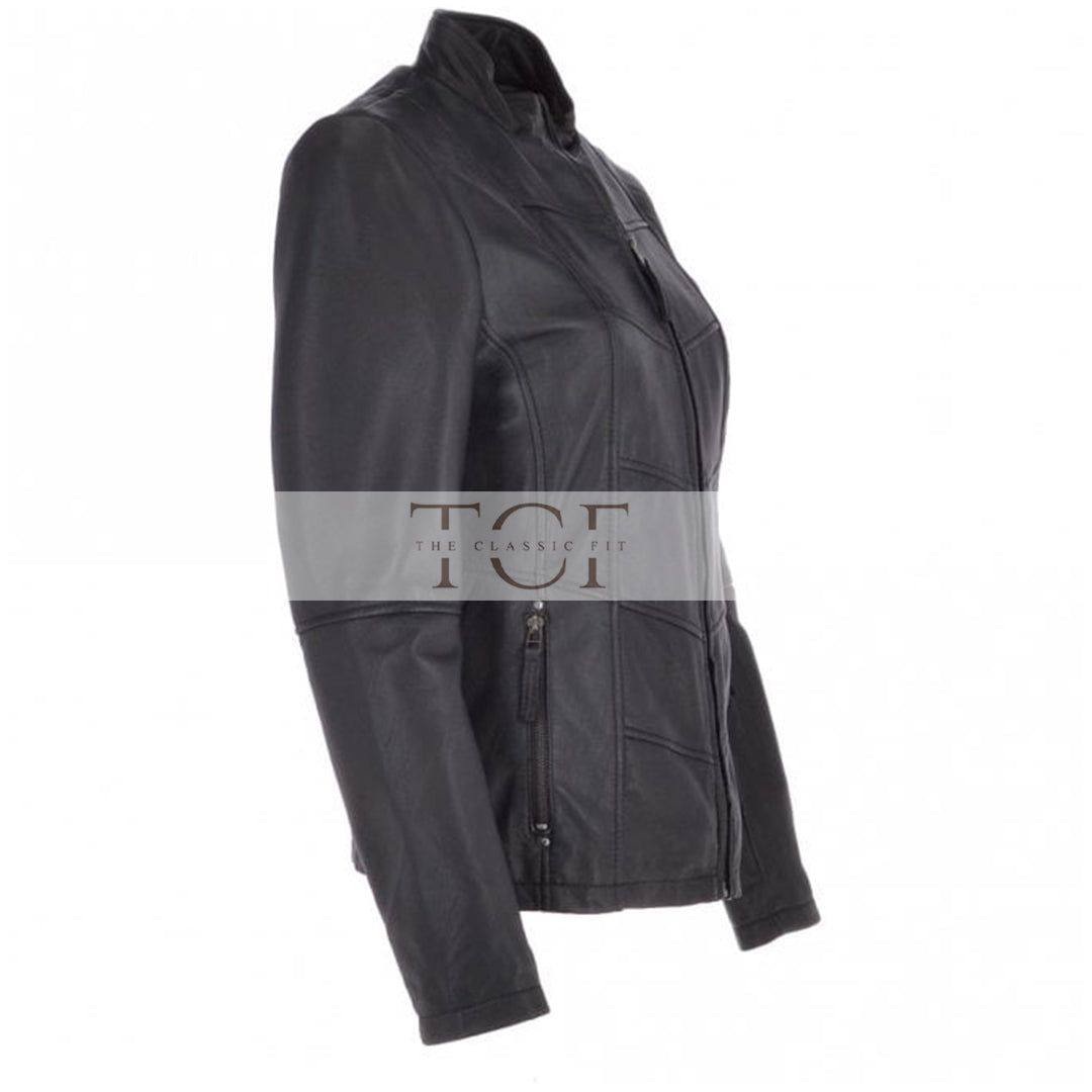 Women's Biker Style Leather Jacket With Zip Front & Stand Collar | Black
