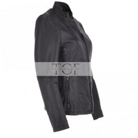 Women's Biker Style Leather Jacket With Zip Front & Stand Collar | Black