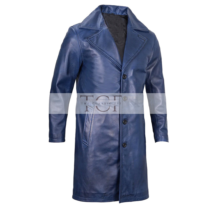 Men's  3/4 Length Trench Leather Coat | Navy Blue