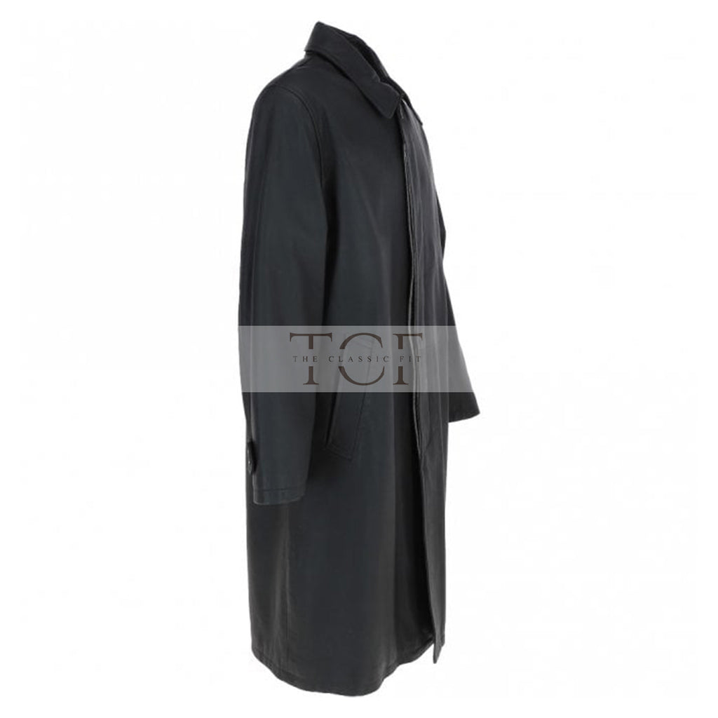 Men's Full Length Leather Overcoat With Shirt Collar Style | Black