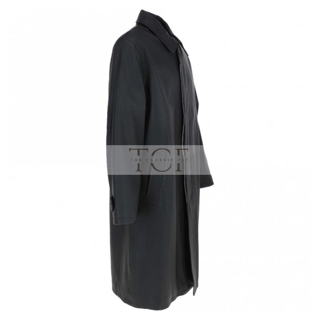 Men's Full Length Leather Overcoat With Shirt Collar Style | Black