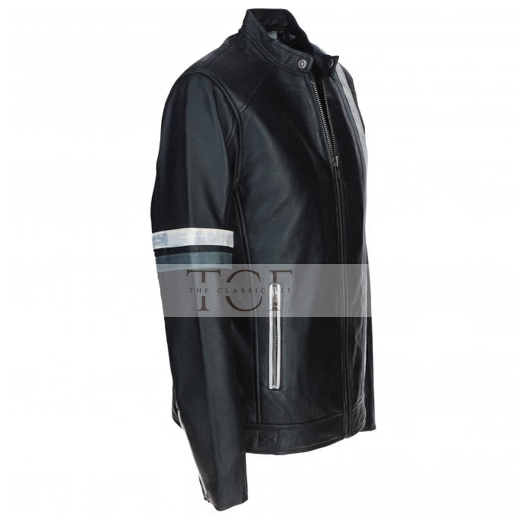 Men's Motorcycle Leather Jacket Gray & White Stripes | Blue & Black