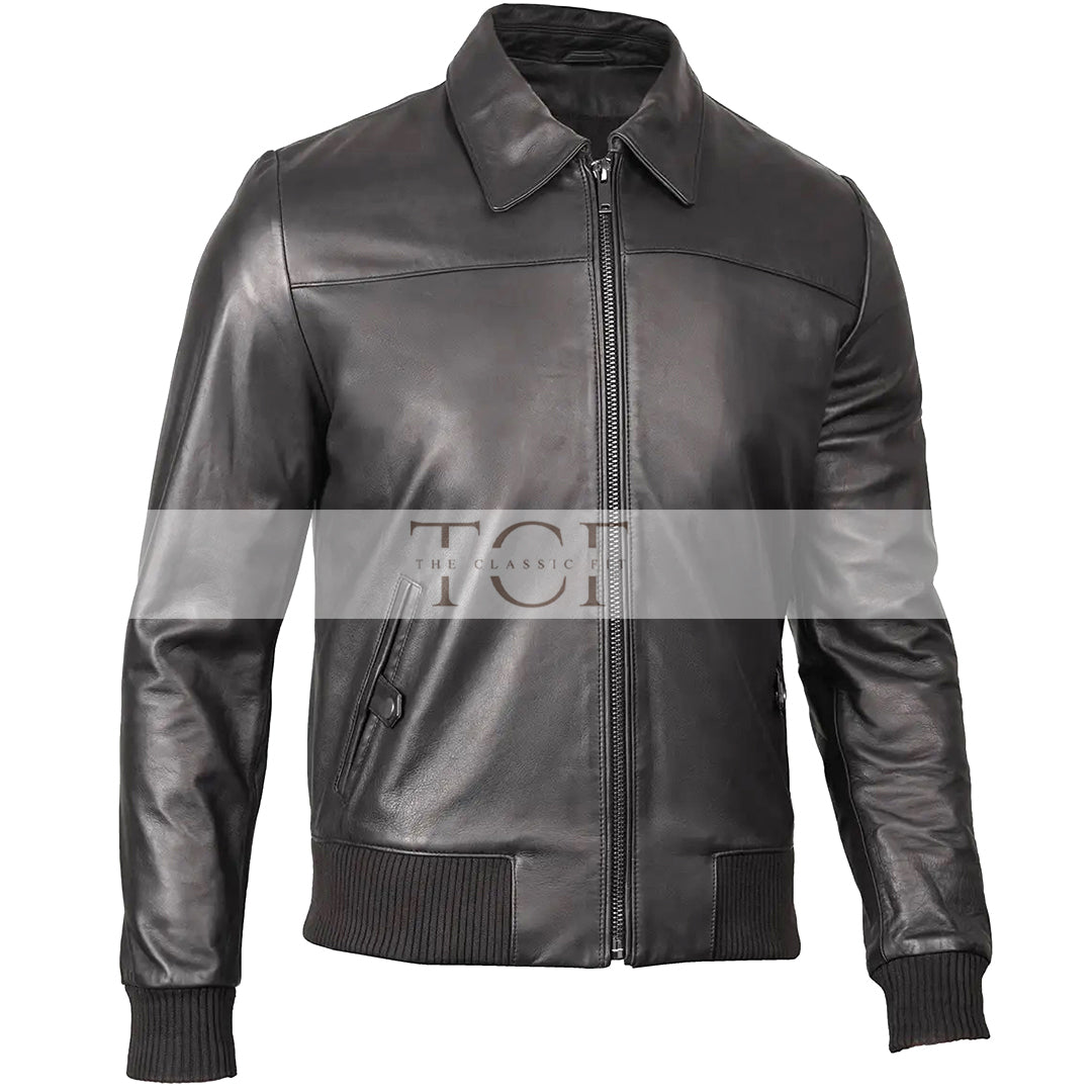 Men's Bomber Leather Jacket  Ribbed Collar & Cuff | Black