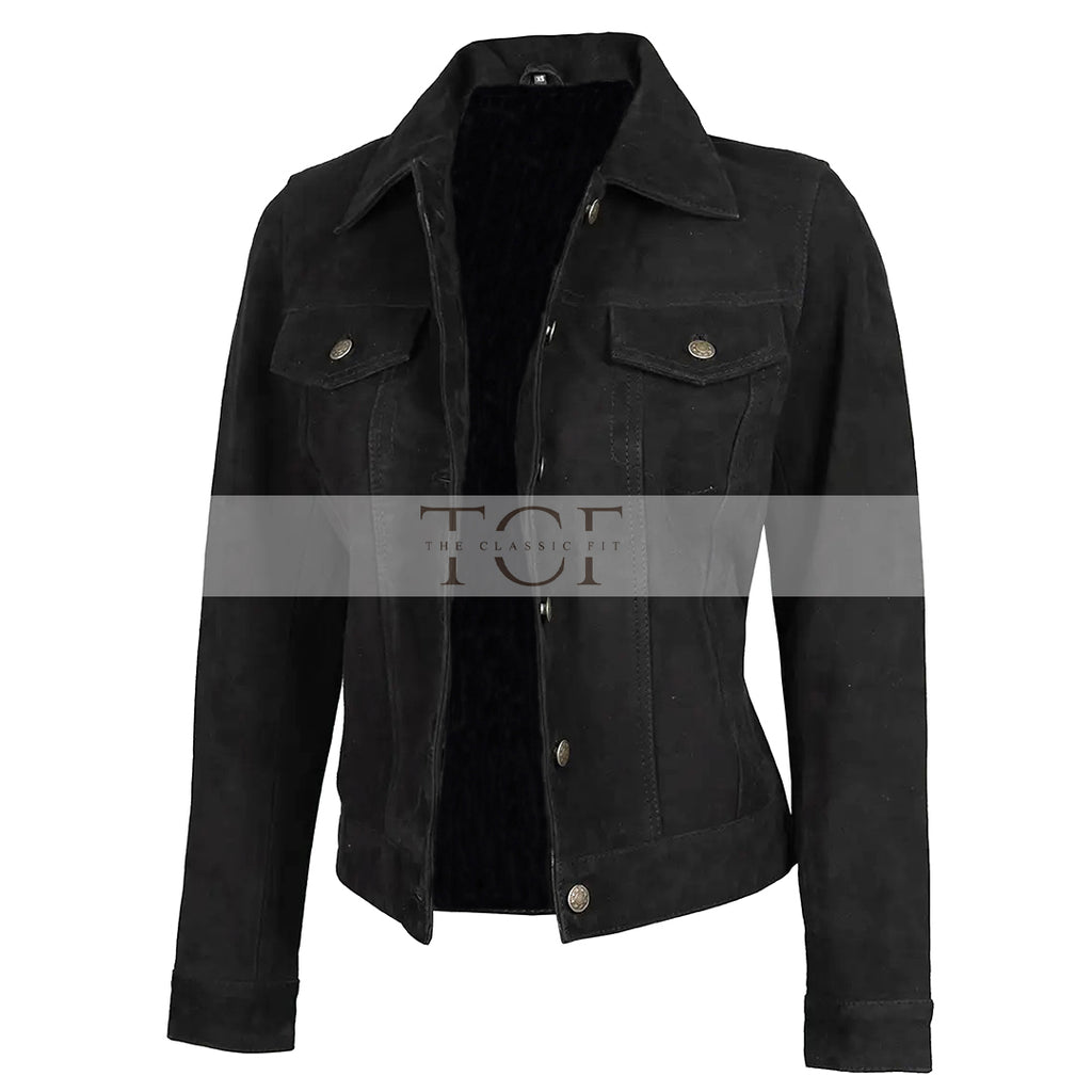 Women's Suede Trucker Leather Jacket | Black