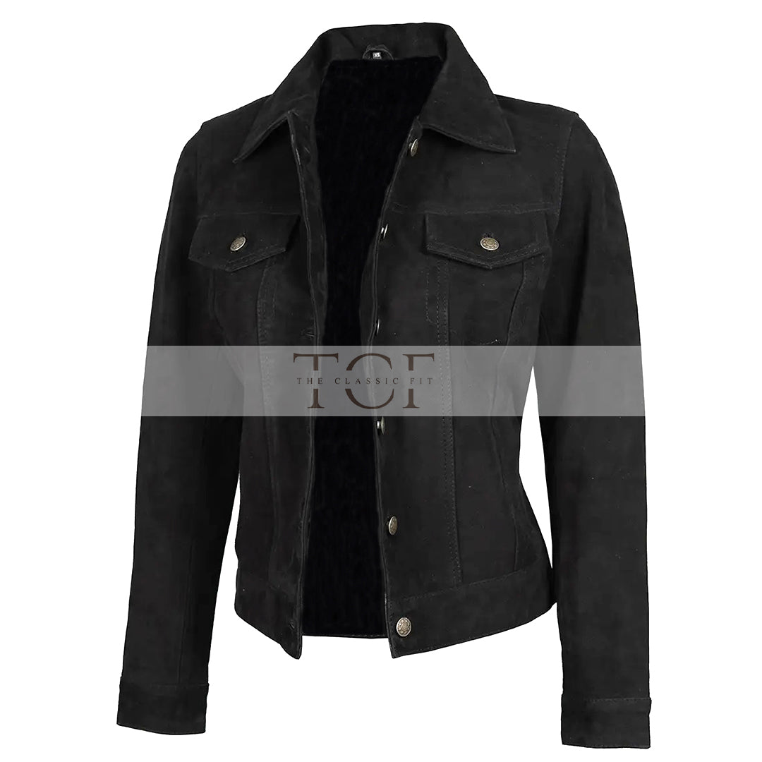 Women's Suede Trucker Leather Jacket | Black