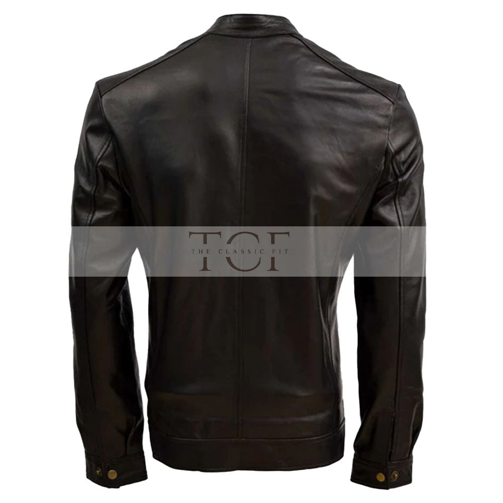Men's Sheep Leather Moto Jacket with Stand Collar, Zip Closure | Black