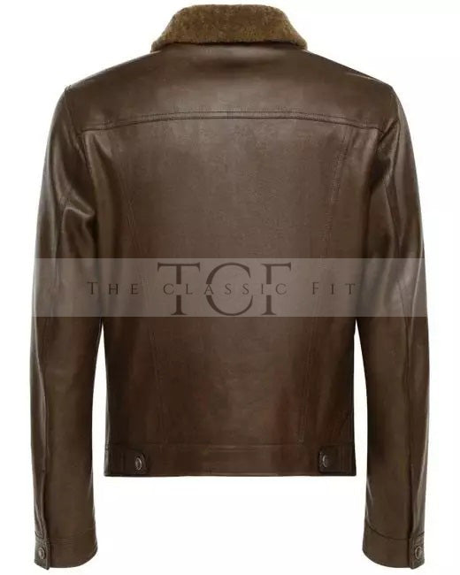 Men's Shiny Leather Jacket with Shearling Collar | Shiny Brown