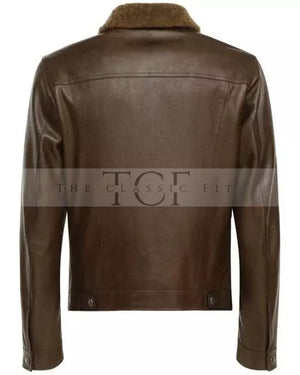 Men's Shiny Leather Jacket with Shearling Collar | Shiny Brown
