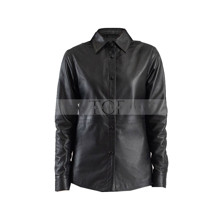 Women's Leather Shirt Collar Leather Jacket | Black