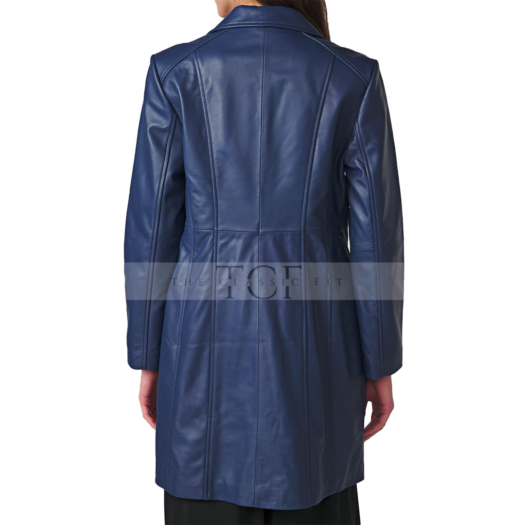 Women's Real Long Leather Trench Coat | Blue