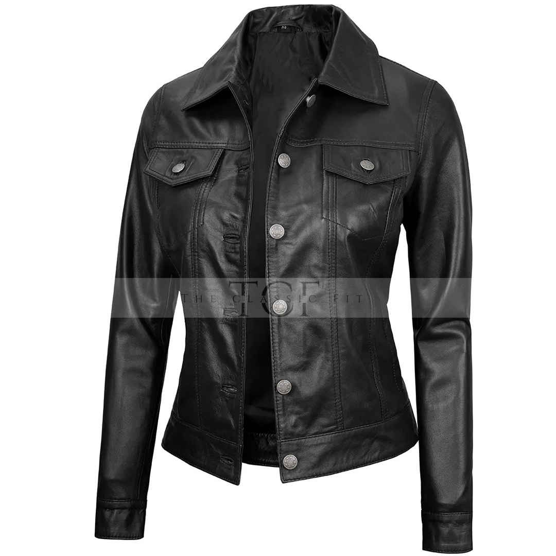 Women's Real Leather Cafe Racer Style Jacket | Black
