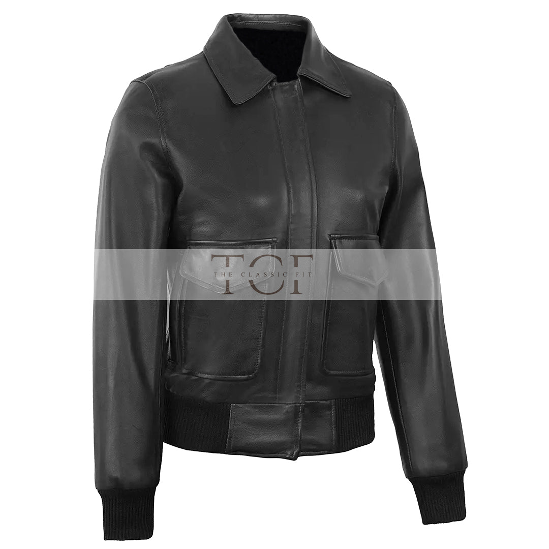 Women's Classic Leather Shirt Collar Bomber Jacket, Zip Front, Ribbed Trim | Black