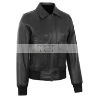 Women's Classic Leather Shirt Collar Bomber Jacket, Zip Front, Ribbed Trim | Black