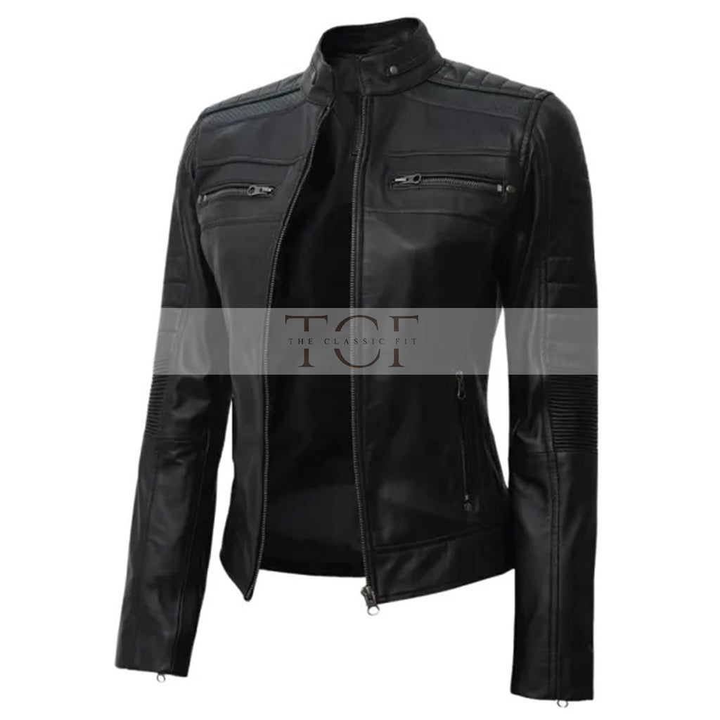 Women's Leather Cafe Racer Biker Jacket with Stand Collar, Padded Shoulders & Sleeves | Black